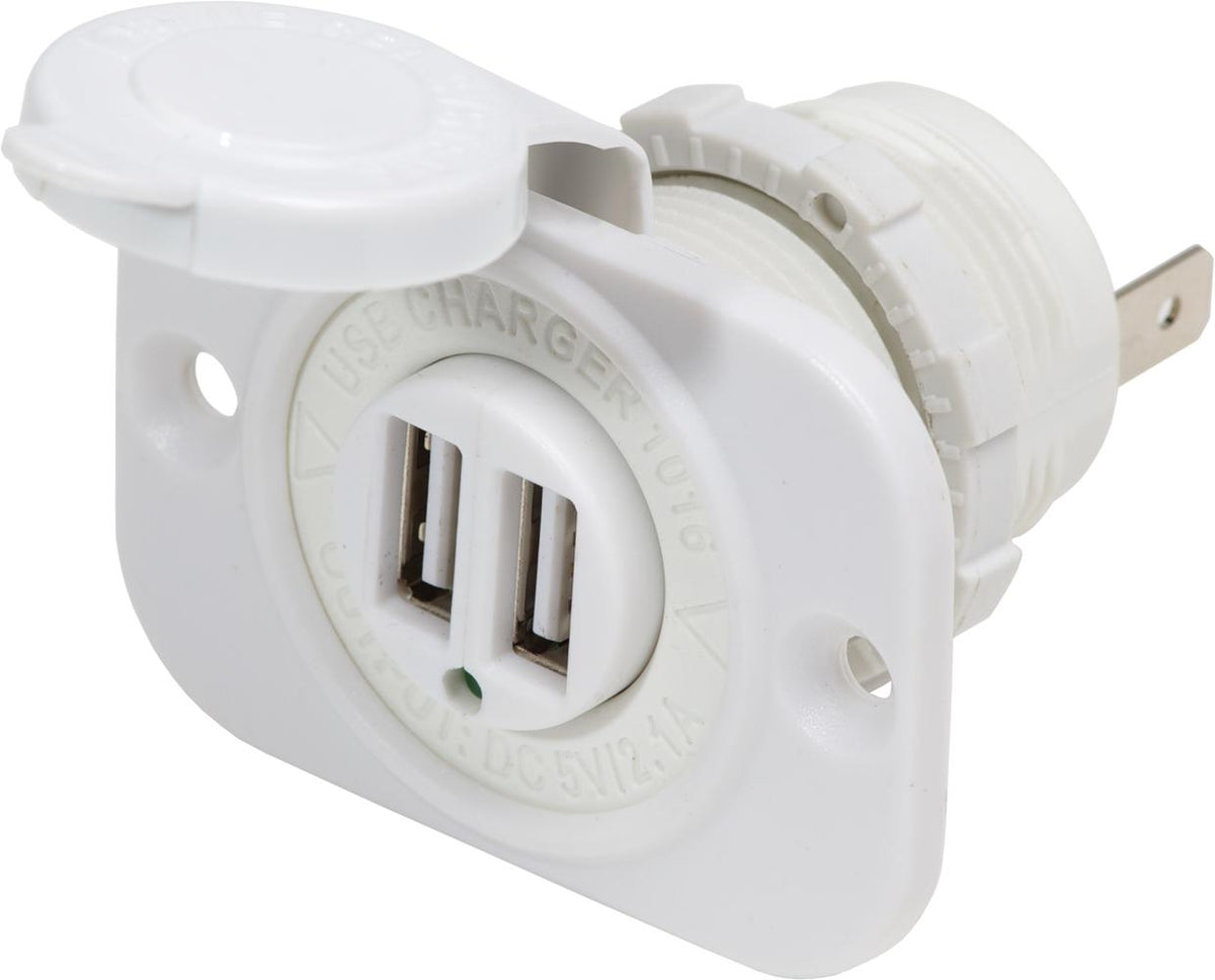 Blue Sea Dual USB 2.1A Charger Port 12/24vDC Socket Mount, White — 1