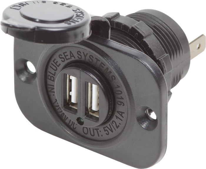 Blue Sea Dual USB 2.1A Charger Port 12/24vDC Socket Mount, Black — 1