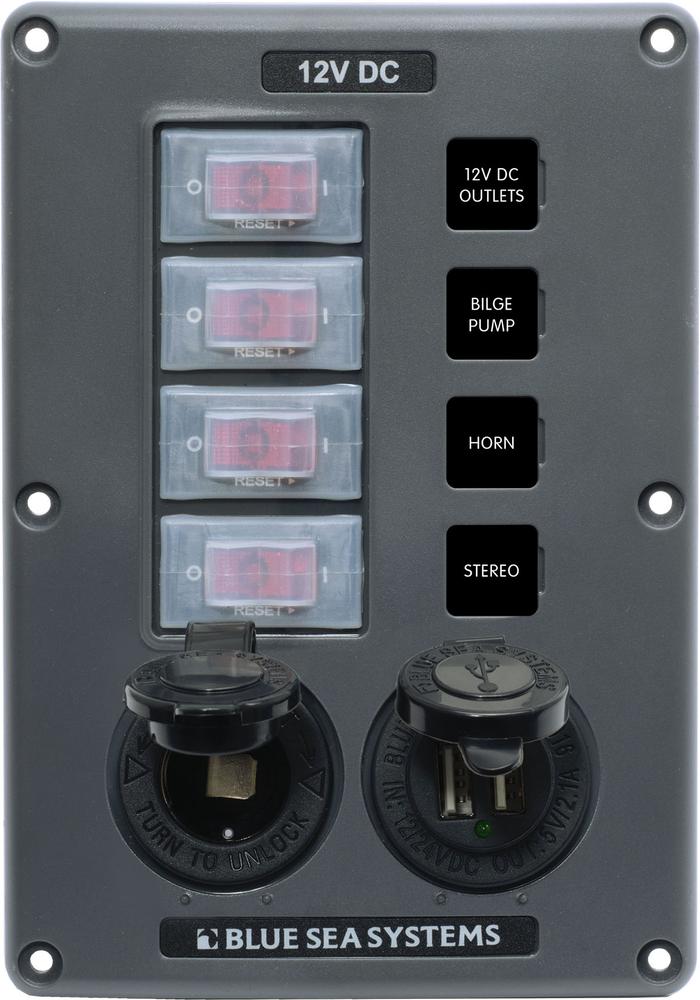 Blue Sea Water-Resistant 12V 4 Circuit Breaker Switch Panel with 12v Socket and Dual USB — 1