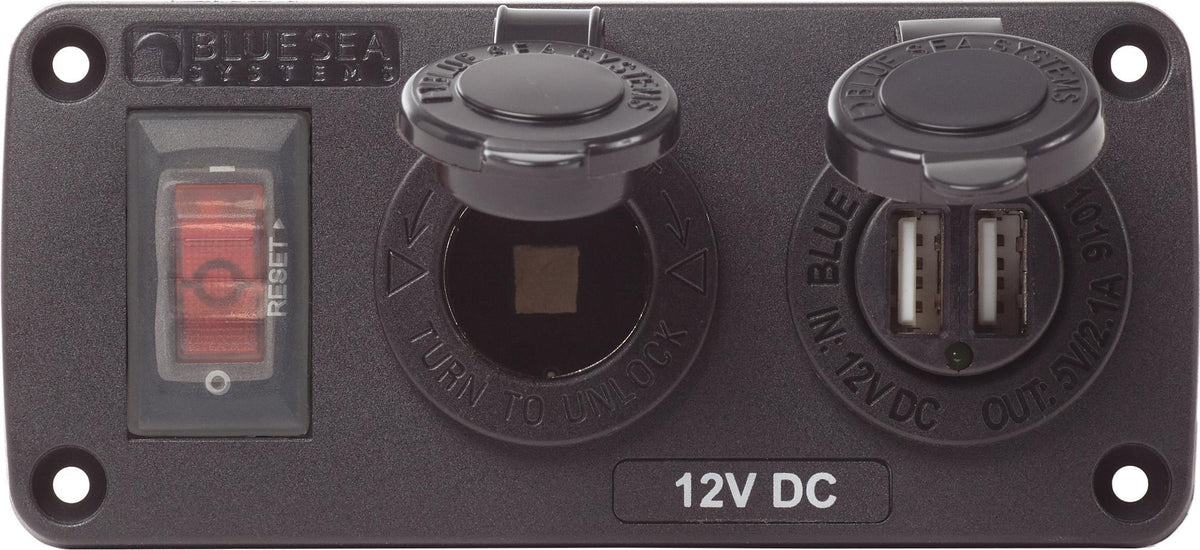 Blue Sea Water-Resistant 12V 15A Circuit Accessory Panel with 12v Socket and Dual USB — 1