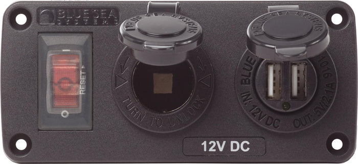 Blue Sea Water-Resistant 12V 15A Circuit Accessory Panel with 12v Socket and Dual USB — 1