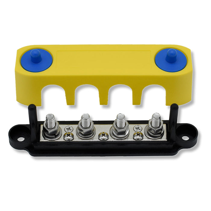Bluewater 4 Gang Negative Common Stud Busbar, 5/16", 250A, Yellow Cover