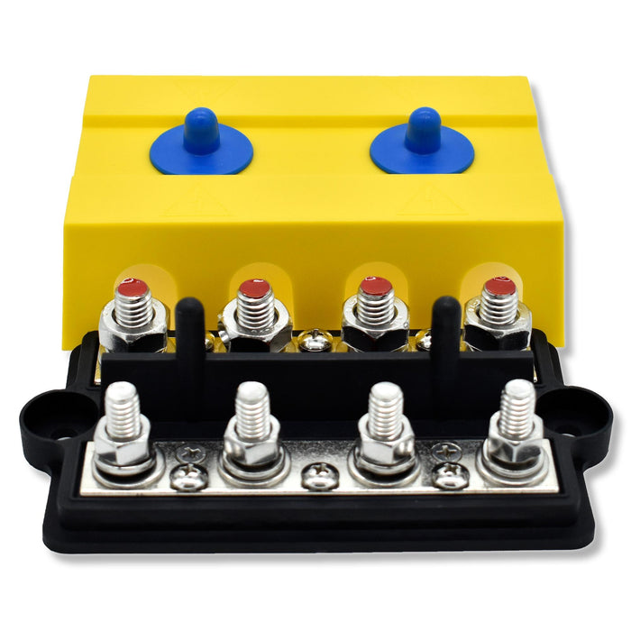 Bluewater Dual 4 Gang Busbar, 3/8" & 5/16" Studs, 250A, Yellow Cover